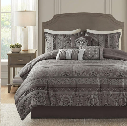 Madison Park Bellagio 7 Piece Comforter Set Damask Design Down Alternative Queen 90"x90" Gris