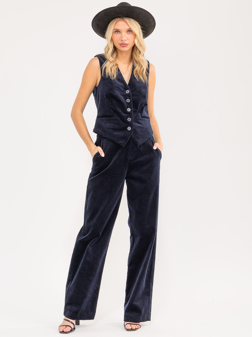 Set de 2 piezas azul oscuro de chaleco y pantalón de corduroy