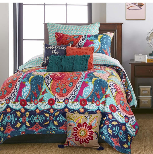 Levtex Home - Jules Quilt Set - Quilt (68x86in.) + One Standard Pillow Sham (26x20in.) - Bohemian - Teal, Orange, Yellow, Green, Blue, Red, Navy - Reversible - Cotton Fabric, 2 Piezas, Twin