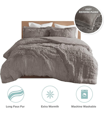 Intelligent Design Malea Shaggy Duvet with Quilted Box Design, Long Faux Fur Comforter Cover Cozy Bedding Set, 3 Piezas, Gris, King