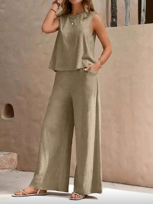 Conjunto verde trigo relajado de camisa sin mangas y pantalón pierna ancha
