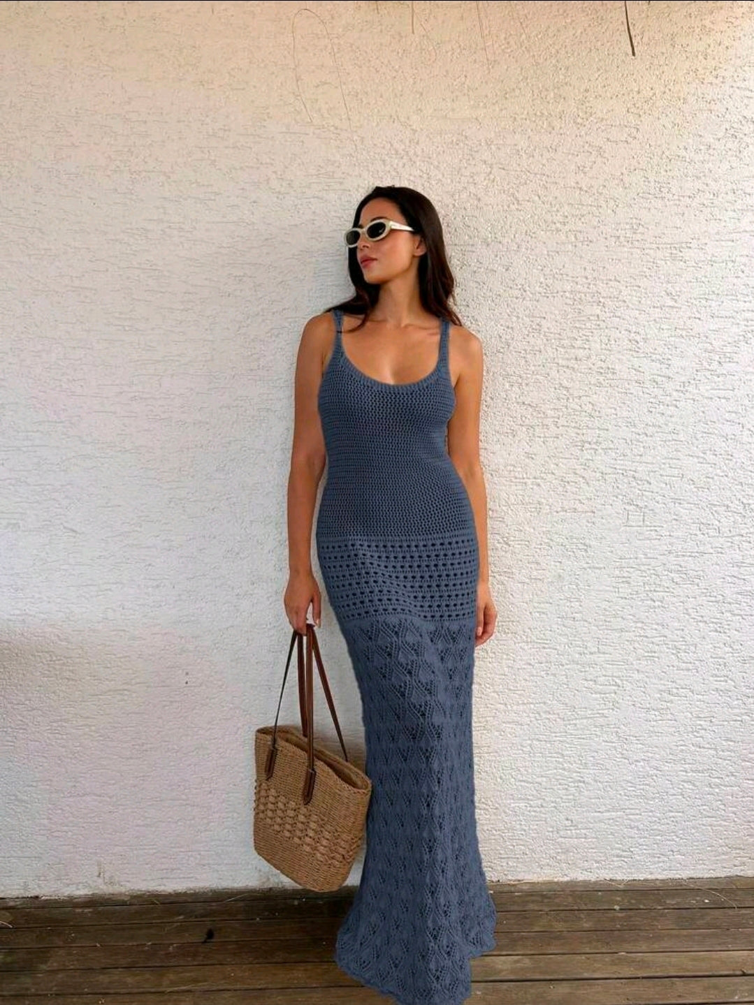 Vestido azul marino de verano de crochet sin mangas (salida de baño)