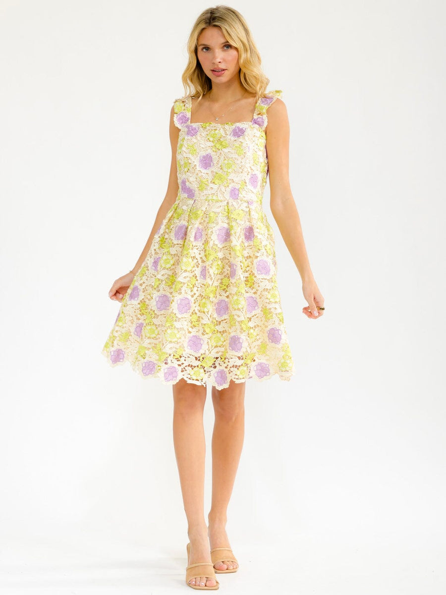 Vestido floral verde lima y morado corto
