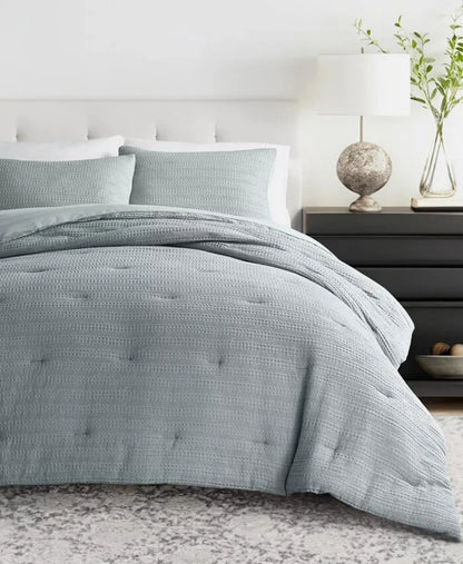 Ienjoy Home Blue Waffle Textured 3-Piece Comforter Set, Full/Queen, Azul