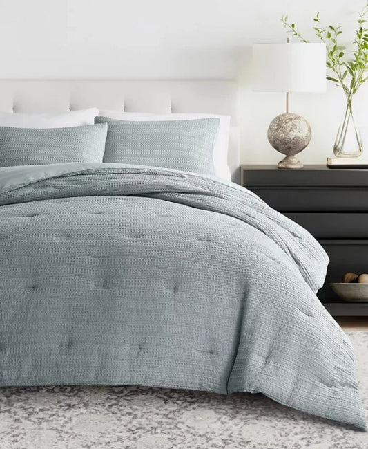 Ienjoy Home Blue Waffle Textured 3-Piece Comforter Set, Full/Queen, Azul