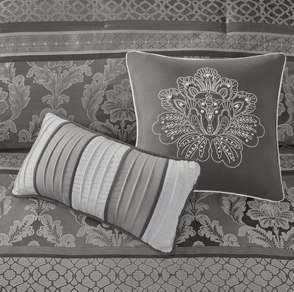 Madison Park Bellagio 7 Piece Comforter Set Damask Design Down Alternative Queen 90"x90" Gris