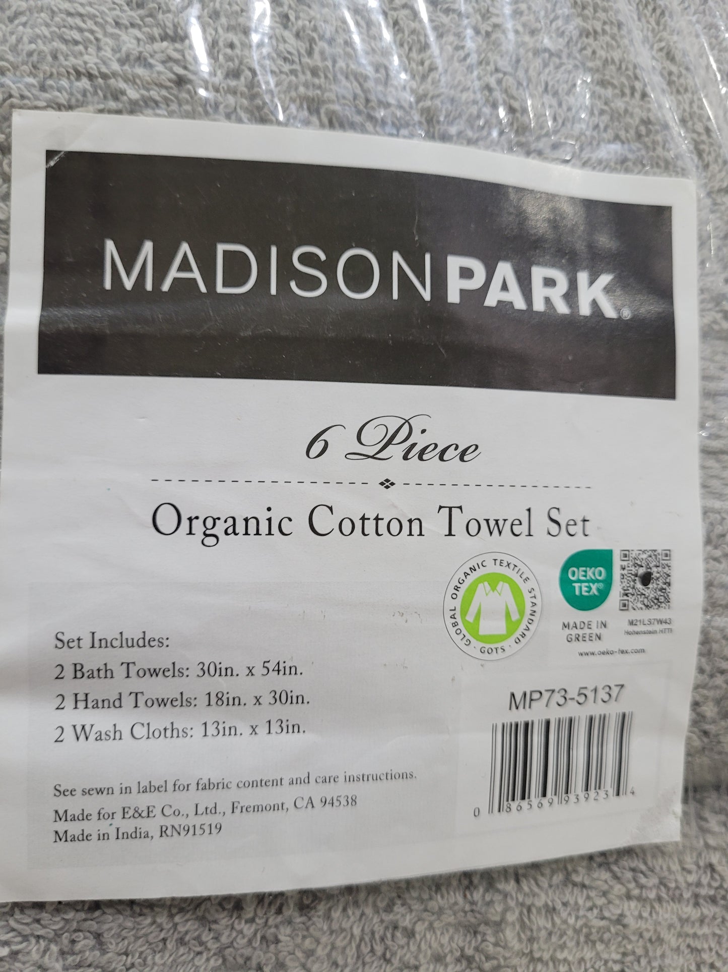 Madison Park Organic 100% Cotton Bathroom Towel Set, Highly Absorbent, Quick Dry, Include for Shower, Handwash & Facial Washcloth, Multi-Sizes, Set de 6 Toallas, Gris