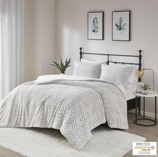 Madison Park Polyester Adelyn Brushed Long Fur Duvet Cover Set, 3 Piezas, Gris, King