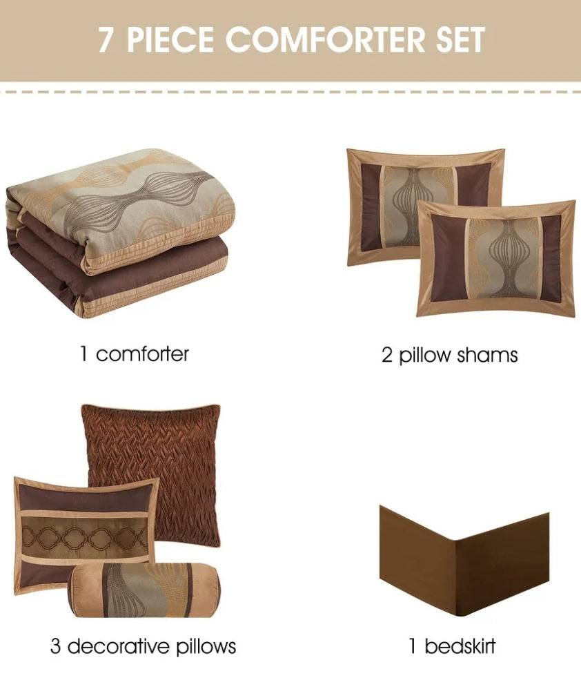 Nanshing Daniella 7-Piece Modern Geometric Comforter Set - King, Cafe
