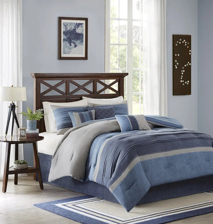 Madison Park Collins 7 Piece Comforter Set Suede Blue Grey King, Azul