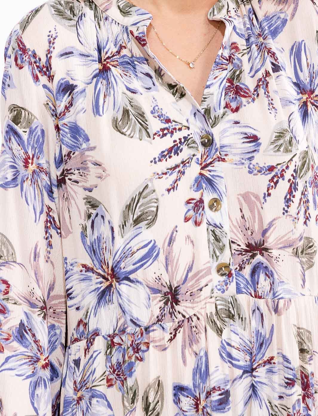 Vestido Blanco Floral de Botones Cuello en V