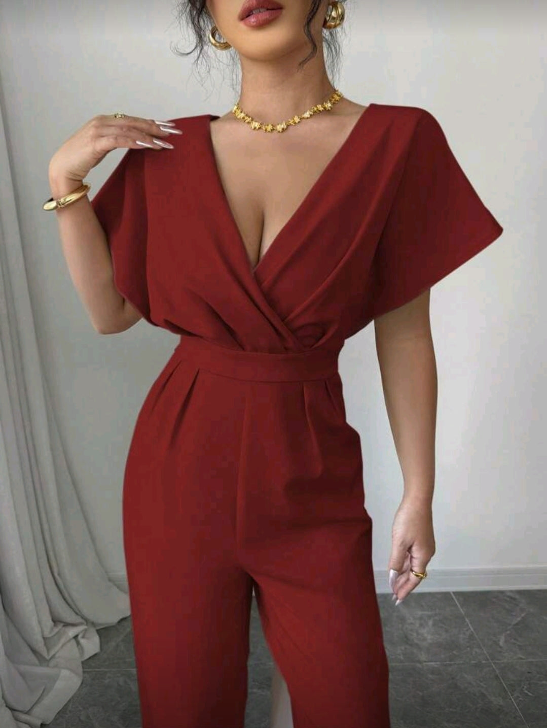 Jumpsuit Rojo con pliegues a la cintura