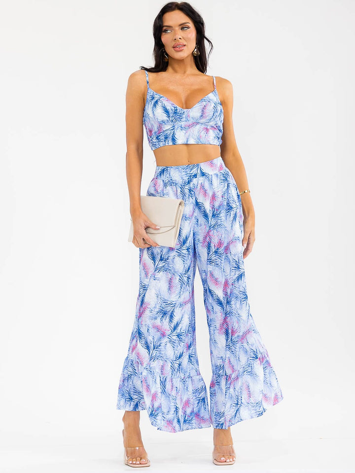 Conjunto floral blanco y azul de 2 piezas: top sin mangas + pantalón ancho con cierre