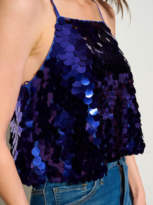 Top Azul de Lentejuelas de Tirantes y Espalda Descubierta