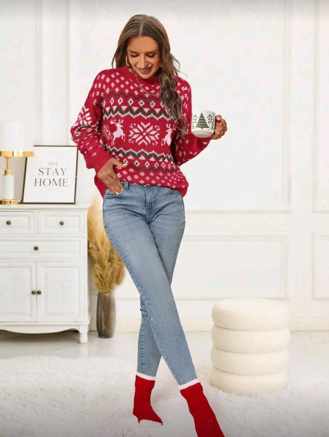 Suéter Rojo de Renos y Copo de Nieve Blancos