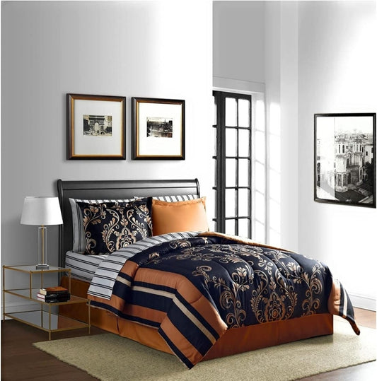 Fairfield Square Collection Lanwood Home Sabrina Damask 8-Piece Bed-in-A-Bag Comforter Set with Comforter, Pillow Shams, Dorado/Negro, 8 Piezas, King
