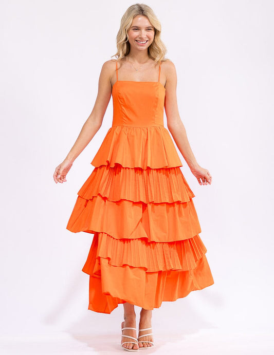 Vestido maxi anaranjado de tirantes con vuelos