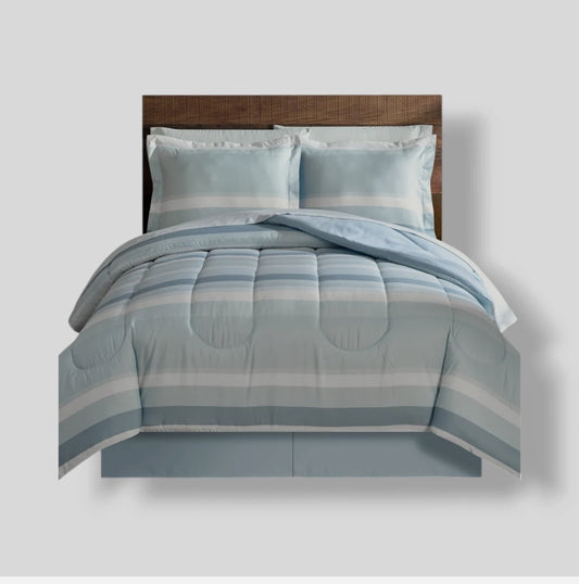 Lanwood Home Austin Stripe/Solid Reversible Comforter Set 9 Piezas, Azul, Queen