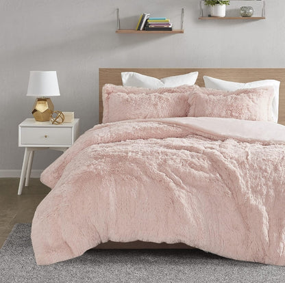 Intelligent Design Malea Shaggy Duvet with Quilted Box Design, Long Faux Fur Comforter Cover Cozy Bedding Set, Matching Shams, 104x90, Rosado, 3 Piezas, King