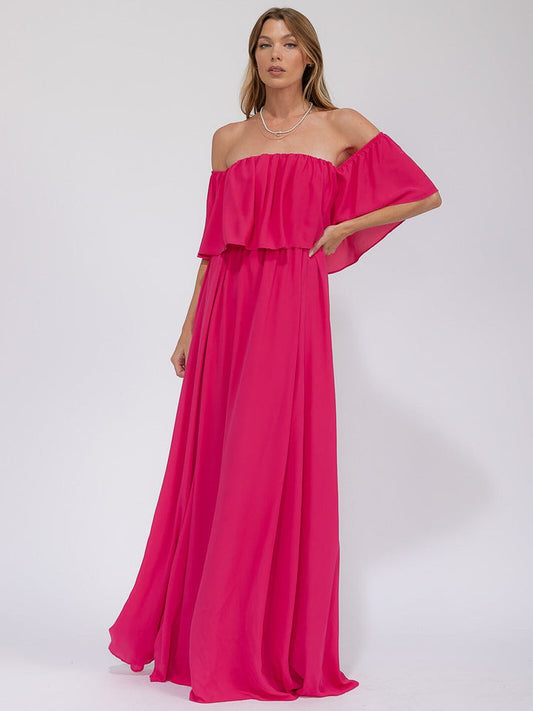 Vestido maxi fucsia elegante de manga corta con cintura elástica