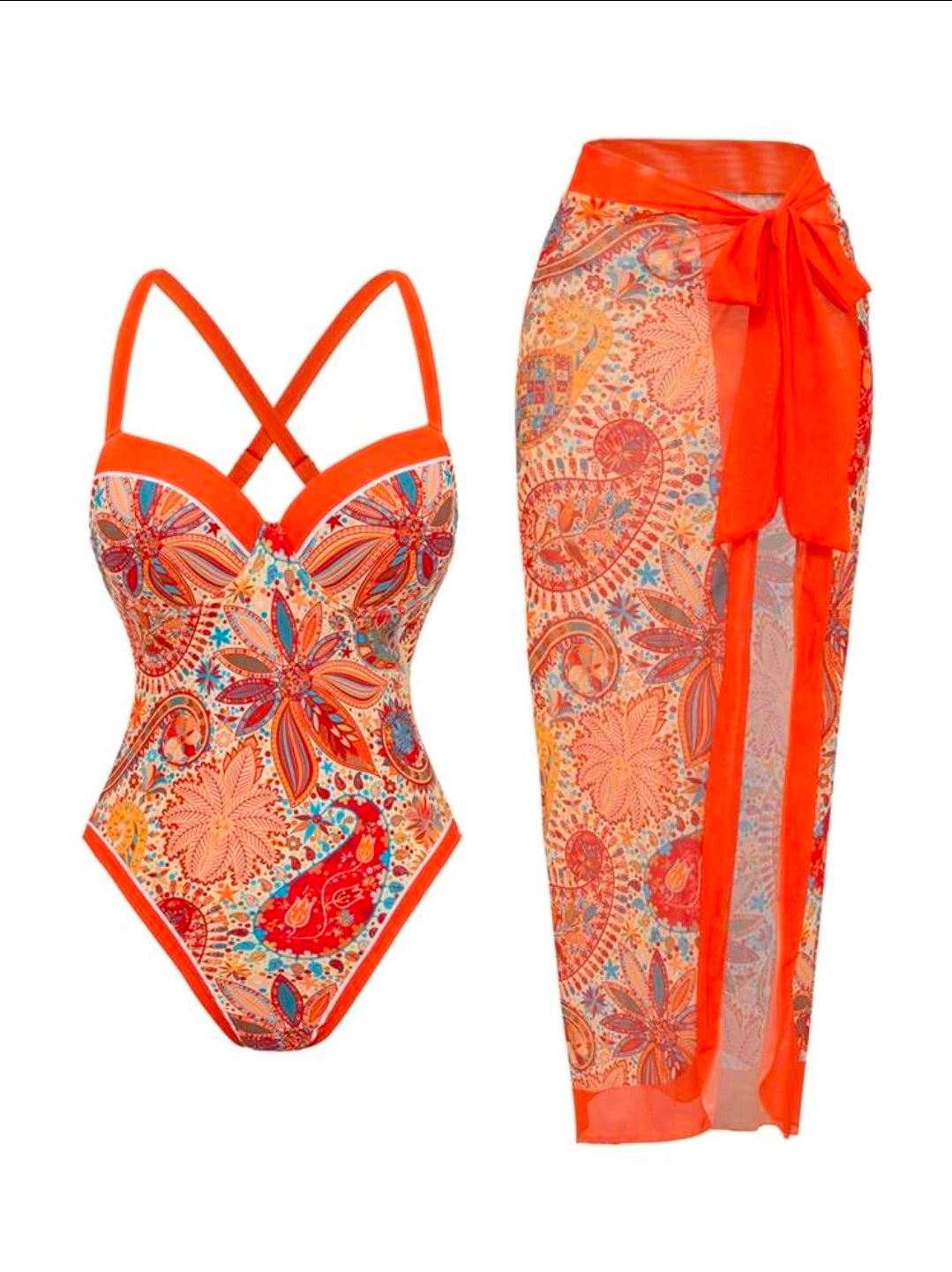 Traje de baño anaranjado de 1 pieza con estampado floral y salida de baño larga