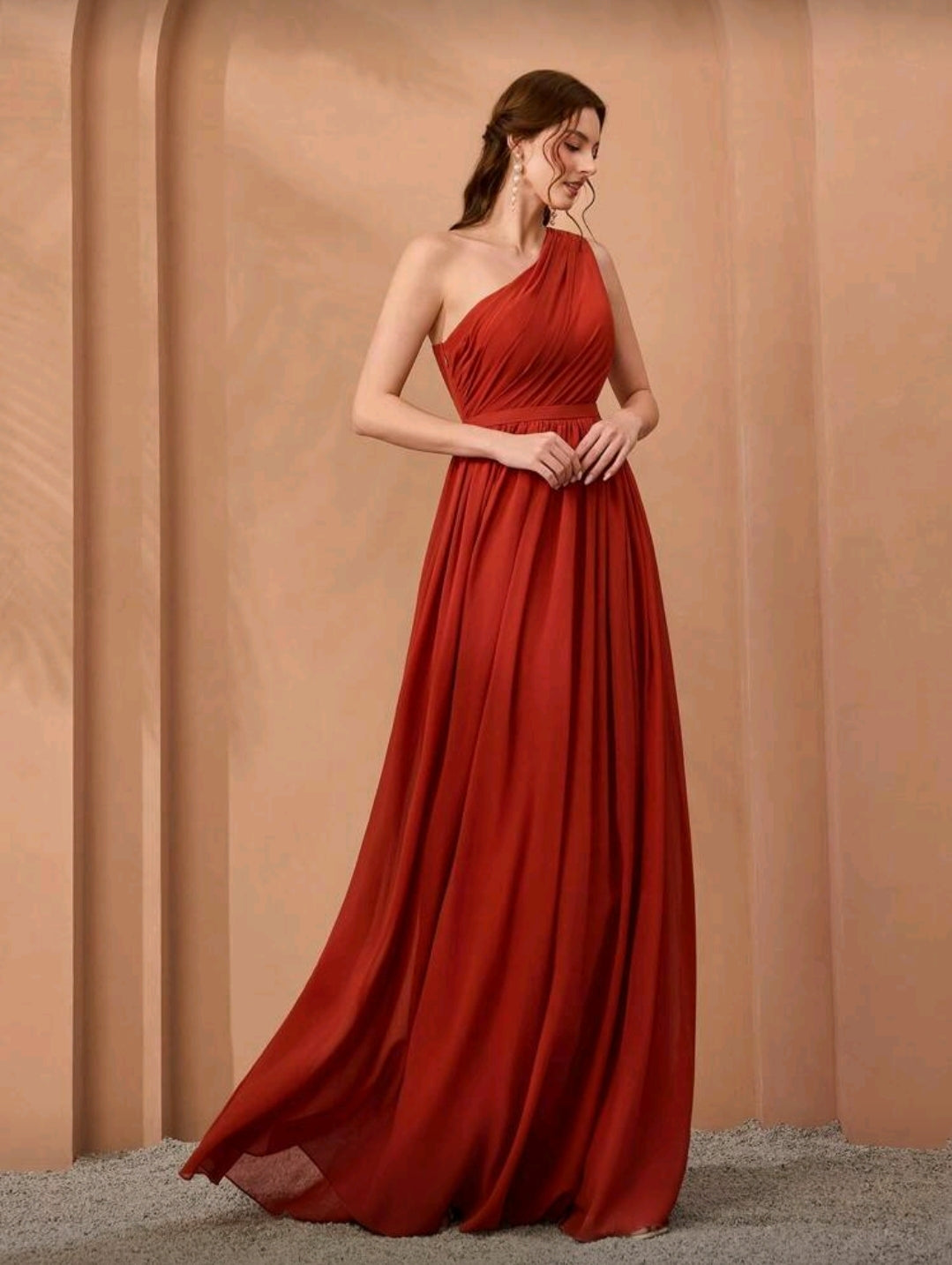 Vestido Elegante Anaranjado/Rojizo Plisado de un solo Hombro