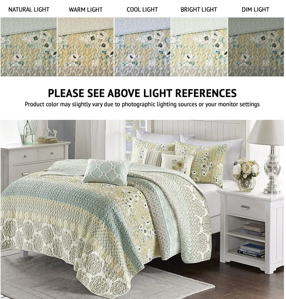 Madison Park 100% Cotton Quilt Set Floral Print, Double Sided Stitching, 6 pieces, King