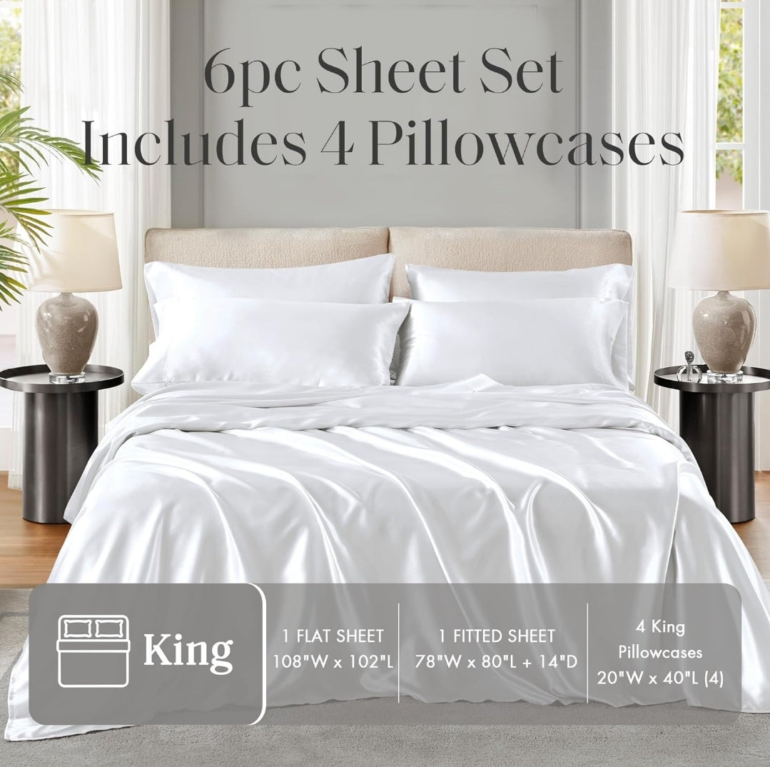 Madison Park Essentials Satin Sheet Set Luxury and Silky with Natural Sheen, Elastic 14" Pocket fits up to 16" Mattress, All Around Elastic - Year-Round Bedding, 6 Piezas, Blanco, King
