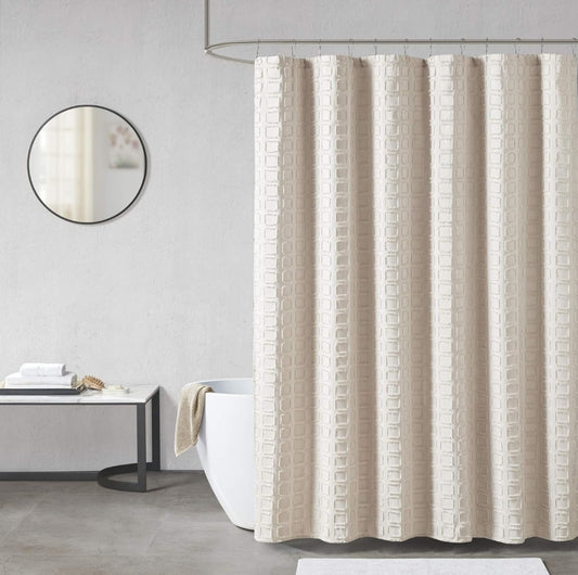 Madison Park Metro Bathroom Shower, Textured Woven Clipped Design Modern Mid-Century Privacy Bath Fabric Curtains, 72"x72" Sand (Color Arena), 1 Cortina de Baño