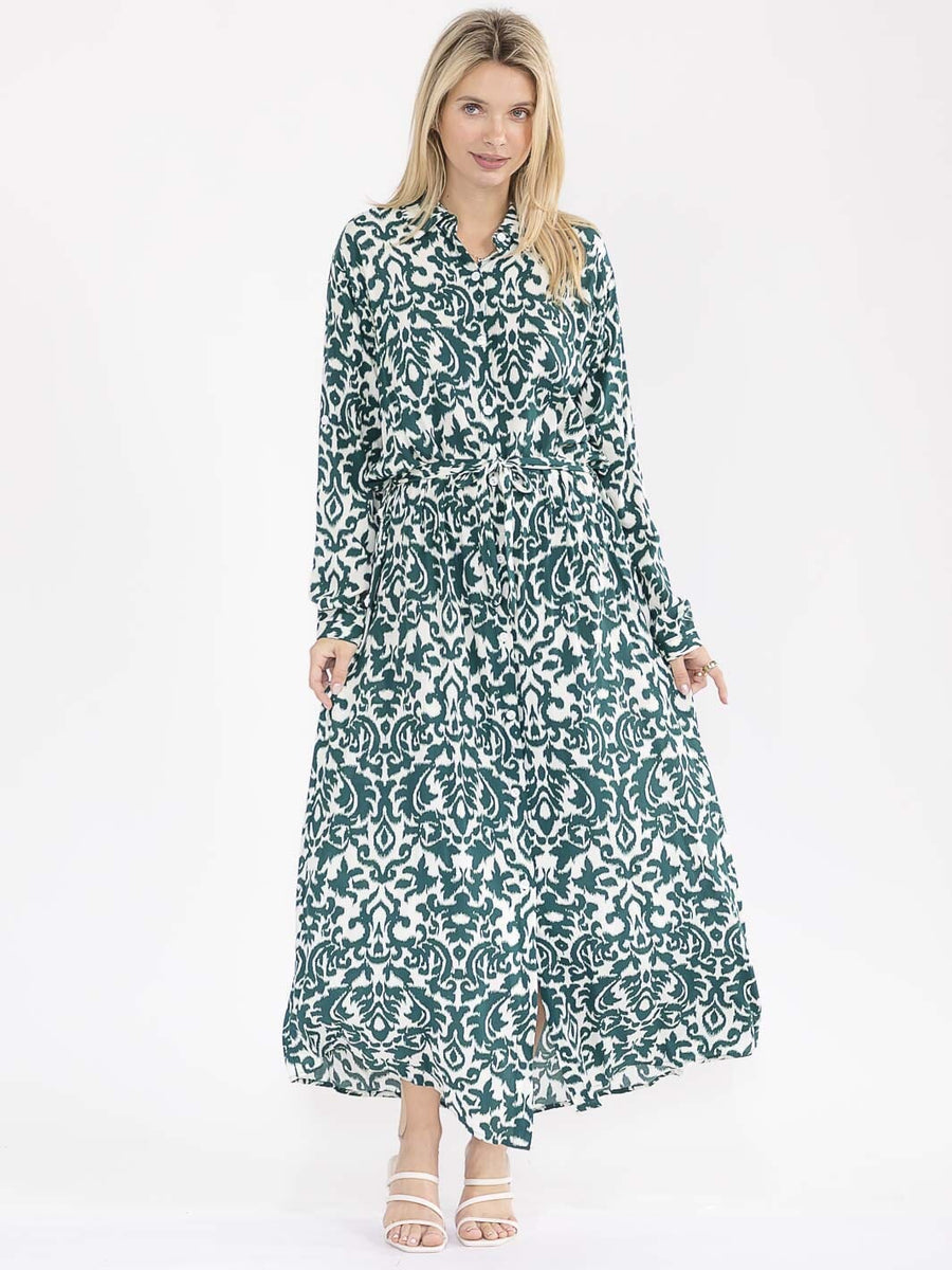 Vestido Verde y Blanco Maxi de Botones y Manga Larga