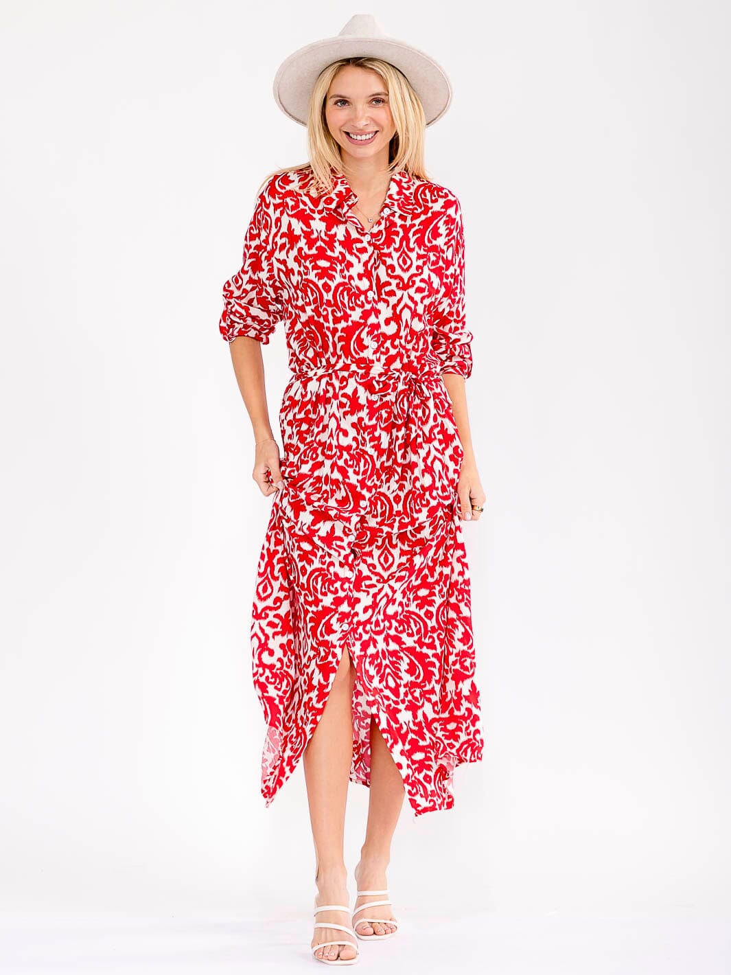 Vestido Rojo Largo Maxi de Botones y Mangas Largas