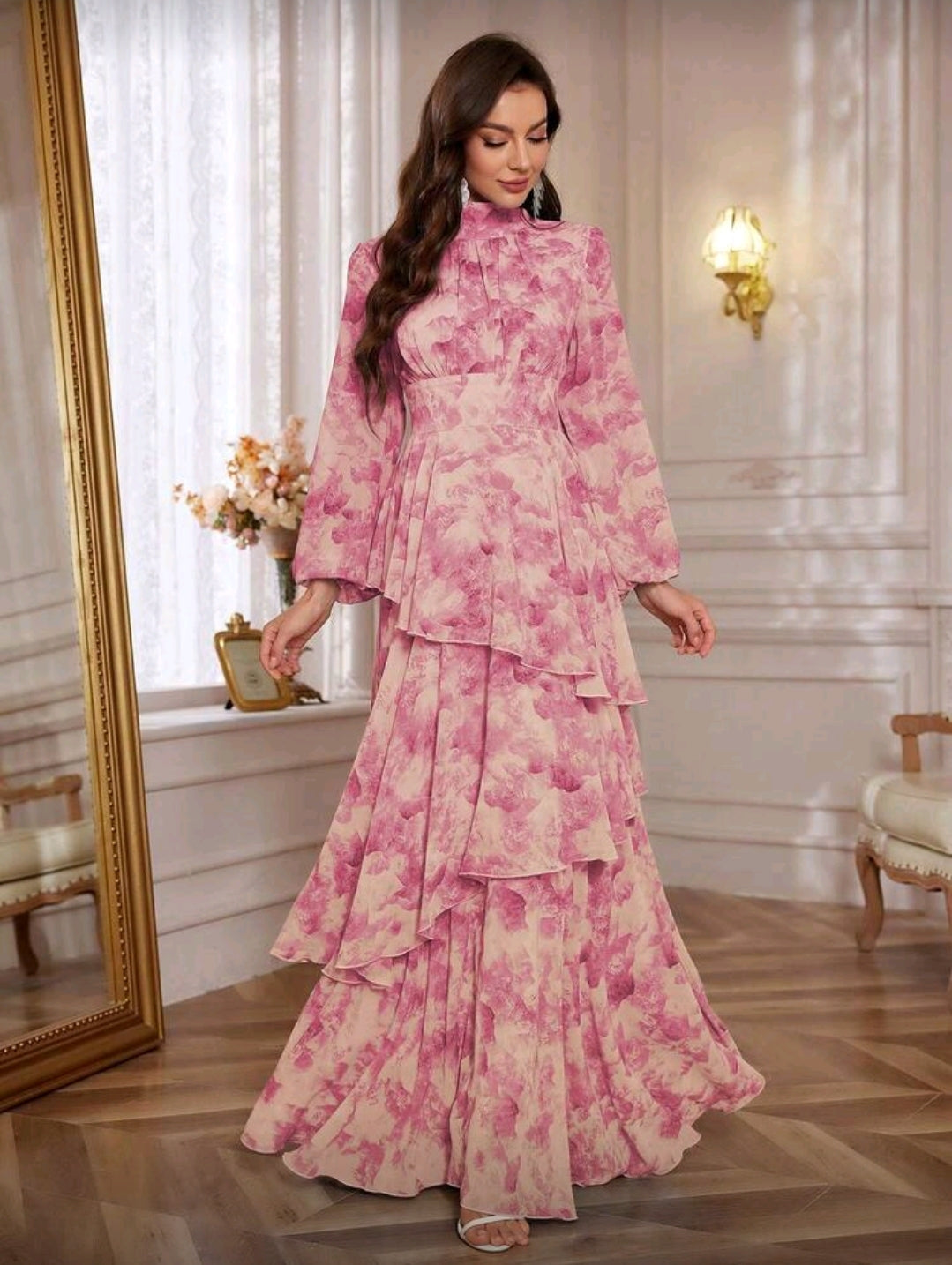 Vestido Maxi Rosado con Estampado Floral Elegante manga larga