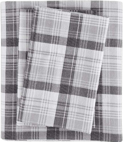 Woolrich Cotton Sheet Set Cottage Charms Print 100% Cotton Flannel Sheets Queen Size Grey Plaid 4 Piezas, Gris Queen