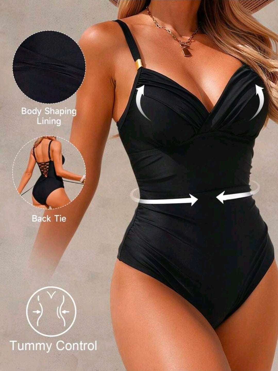 Traje de baño negro de 1 pieza con control de abdomen
