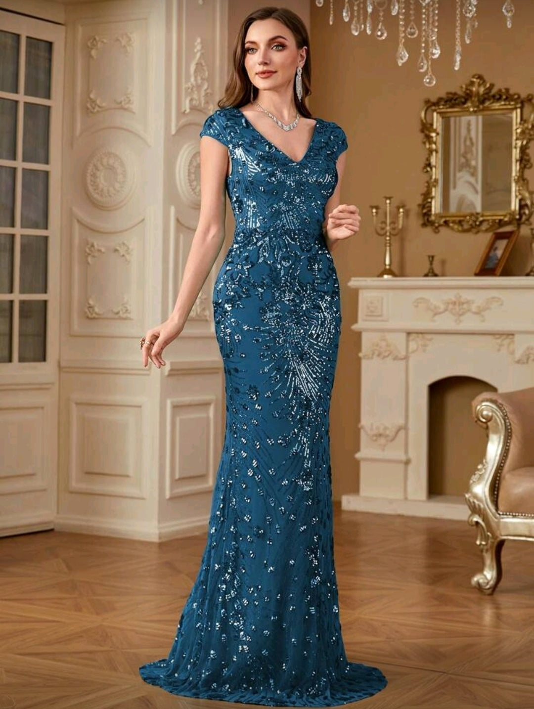 Vestido Aqua Largo Elegante con Lentejuelas