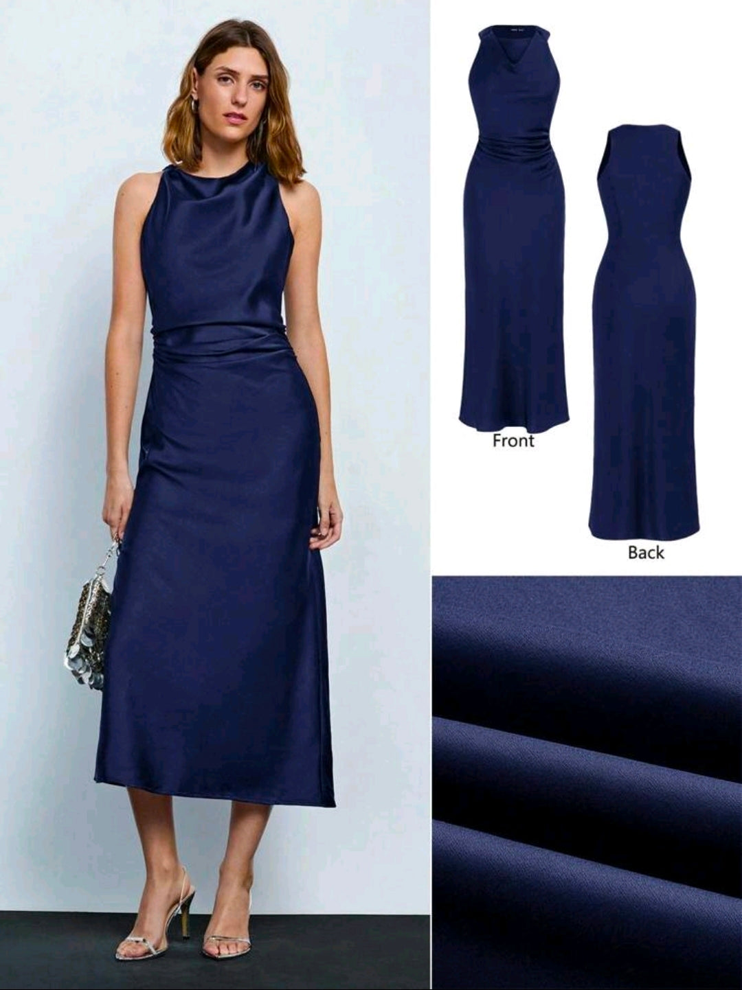 Vestido azul oscuro satinado sin mangas y cuello fruncido