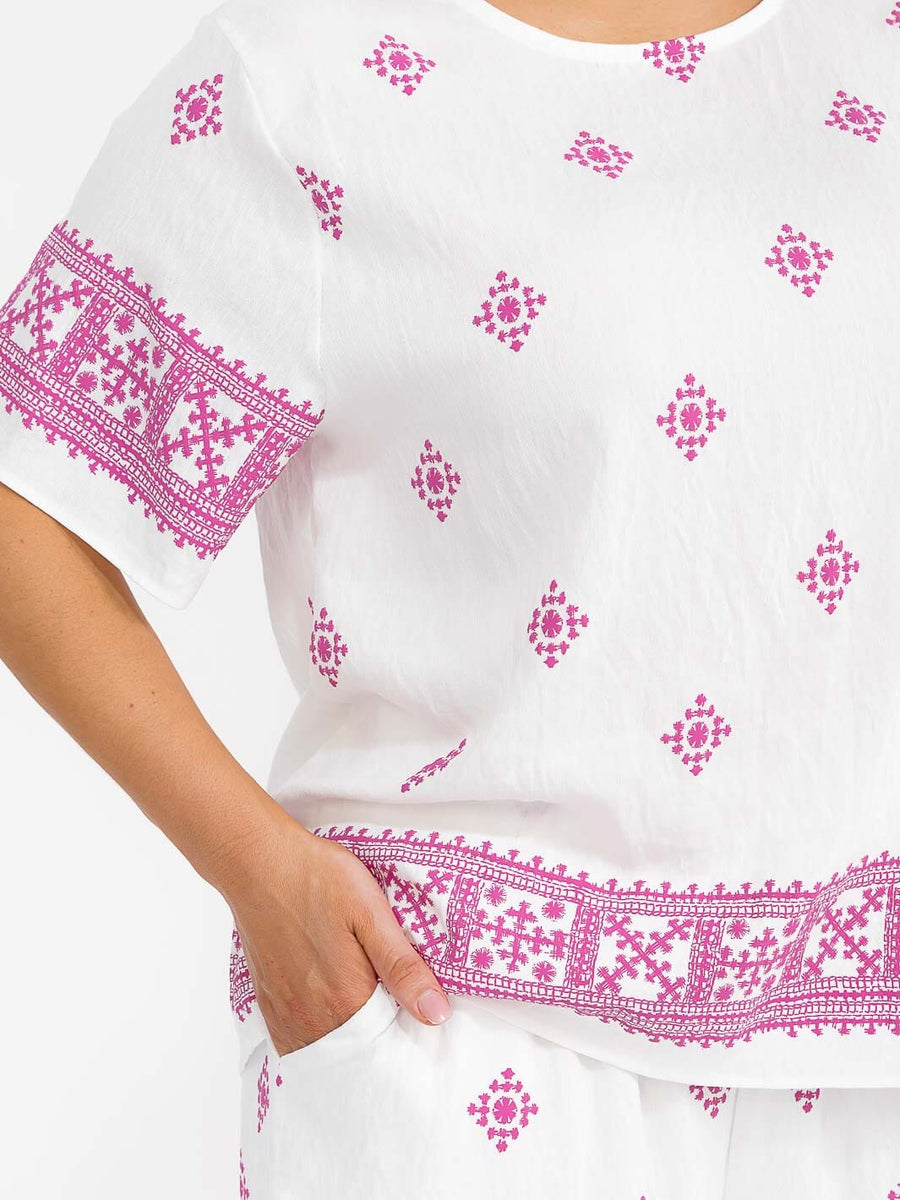 Conjunto Plus blanco y morado de blusa y pantalón con cintura elástica