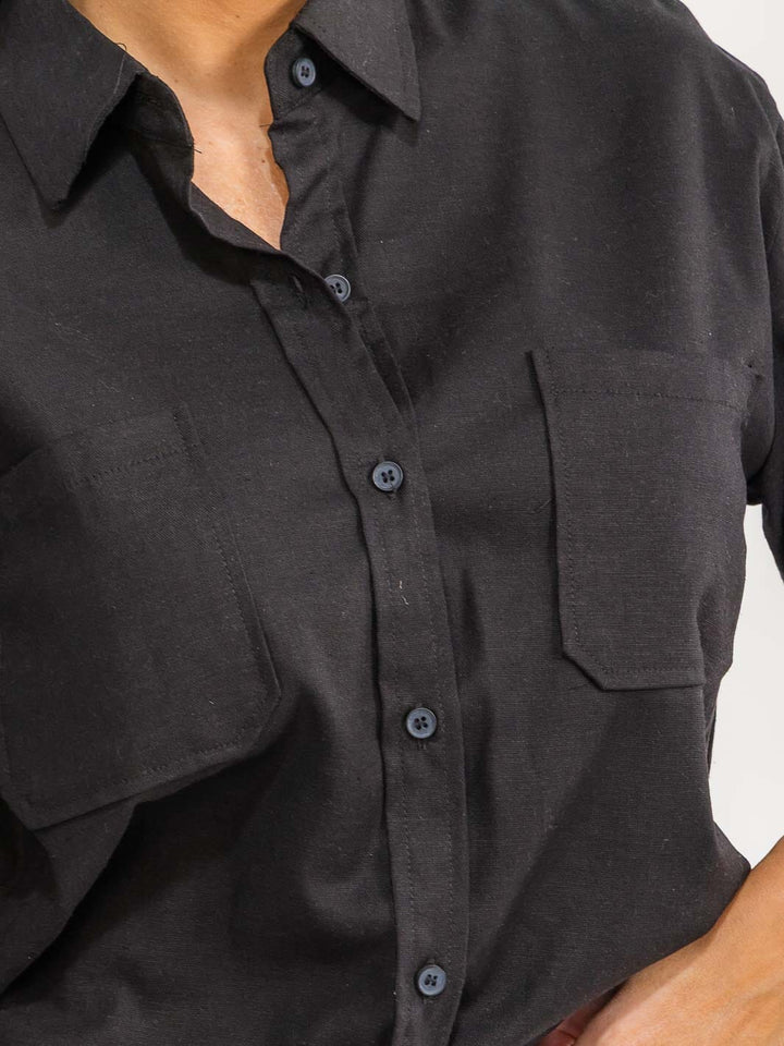 Conjunto de 2 piezas color negro: blusa de manga larga + shorts tipo pantalón de lino con cintura elástica