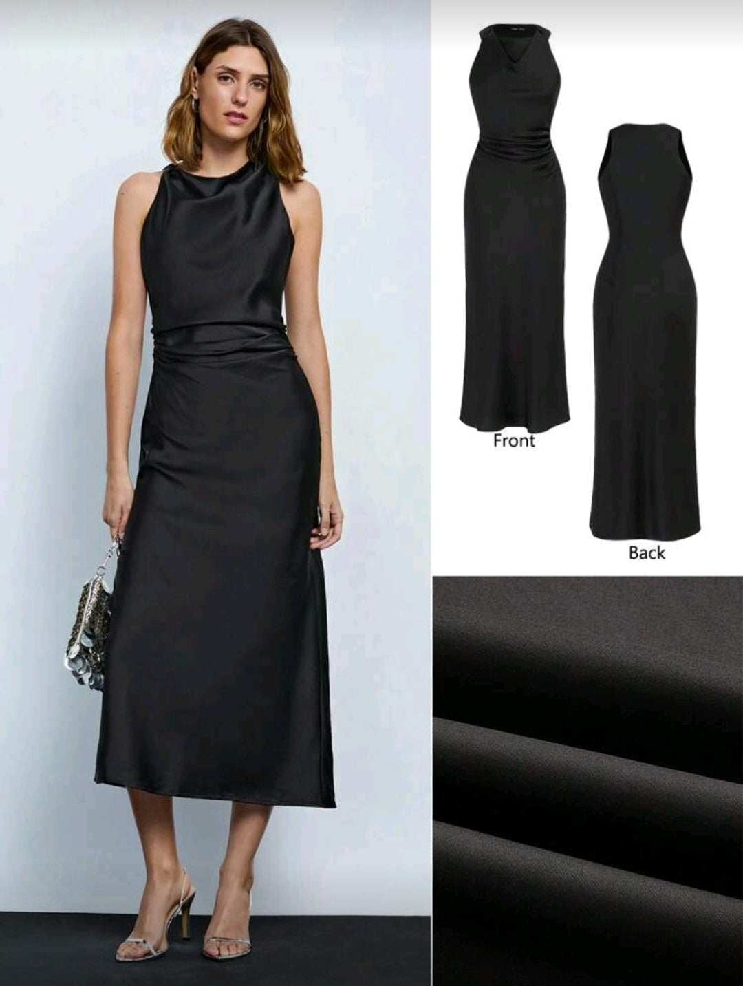 Vestido negro Midi de Satin con Cuello Fruncido