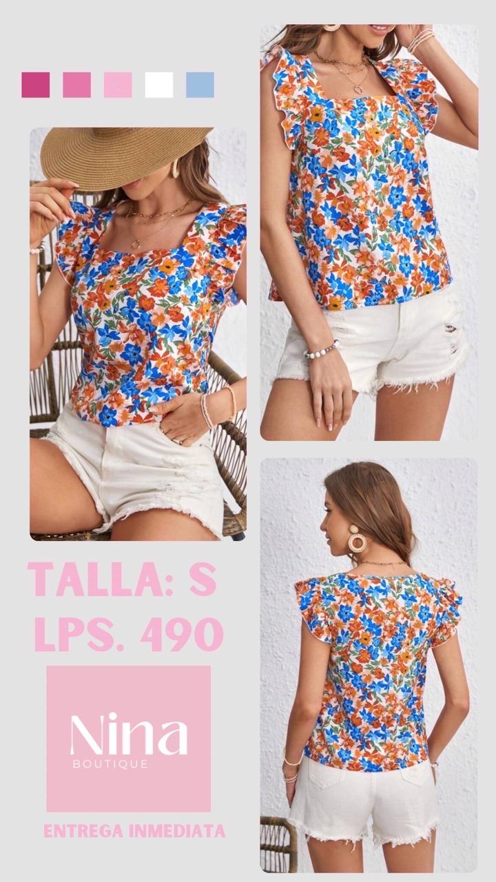 Blusa de flores azules y anaranjadas