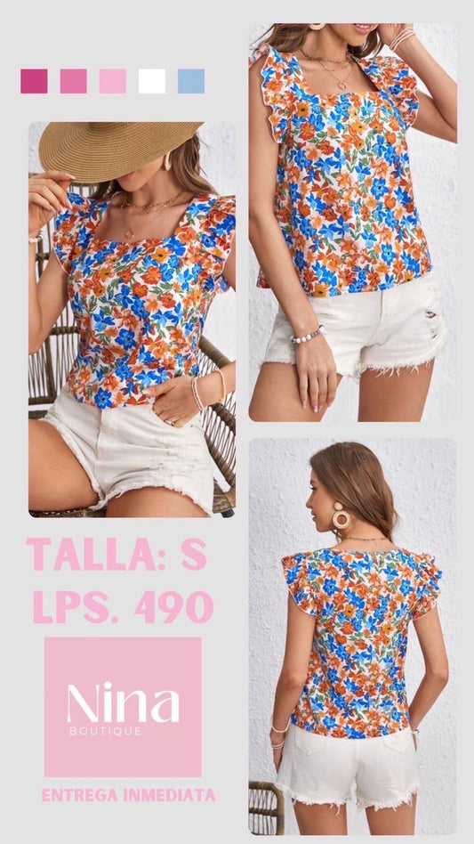 Blusa de flores azules y anaranjadas