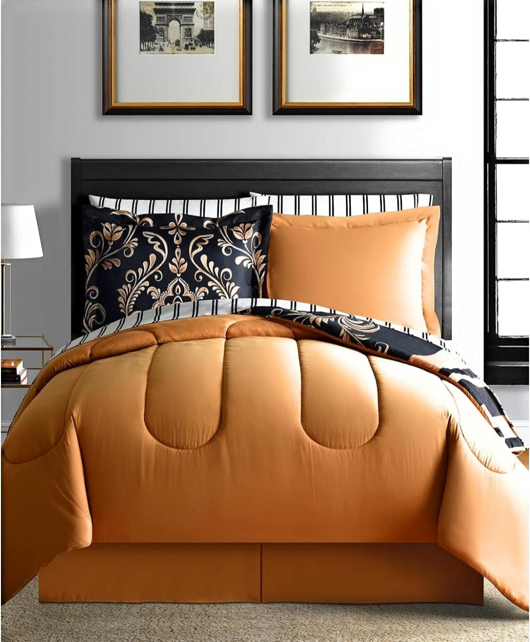 Fairfield Square Collection Lanwood Home Sabrina Damask 8-Piece Bed-in-A-Bag Comforter Set with Comforter, Pillow Shams, Dorado/Negro, 8 Piezas, King