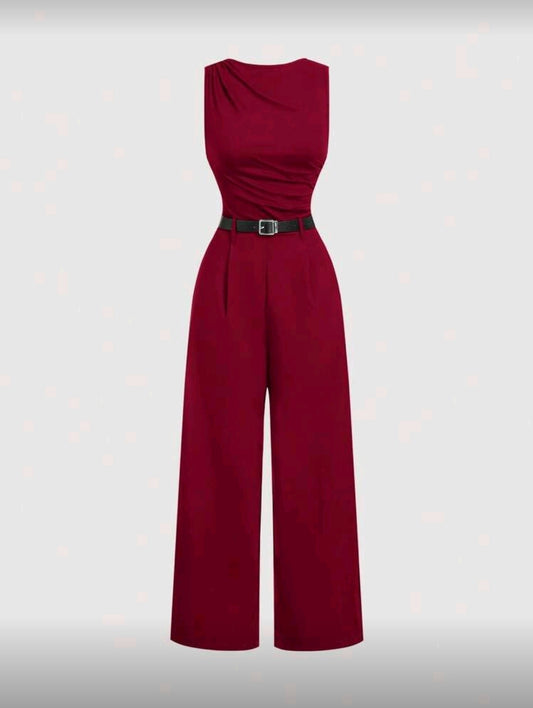 Jumpsuit Rojo de Pierna Ancha con Cinturón