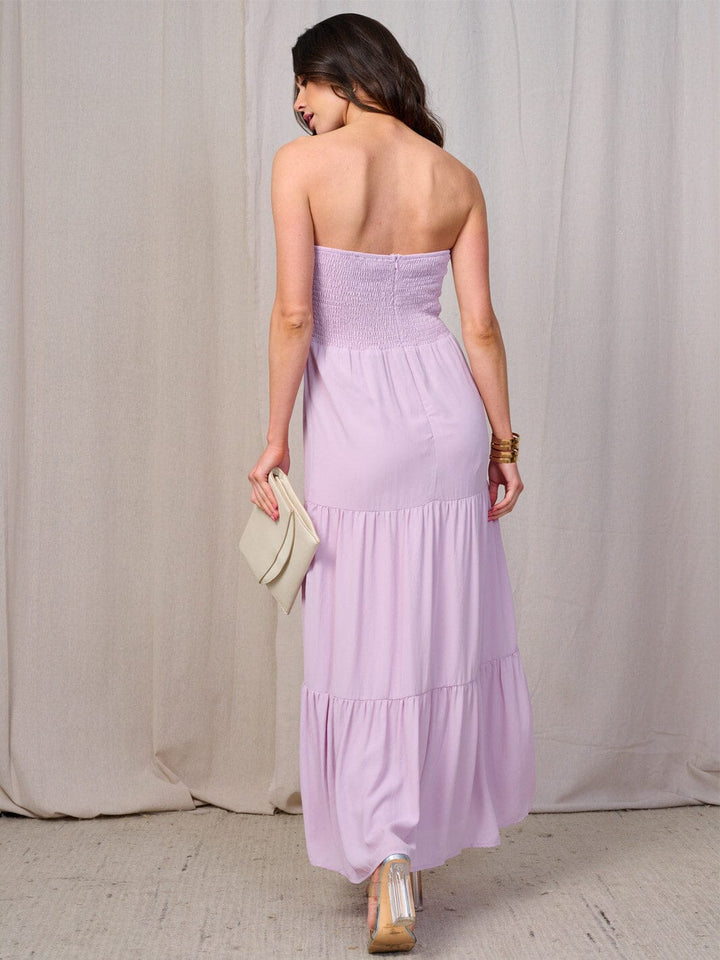 Vestido maxi morado sin mangas para mujer con smock y diseño en capas (tiered).