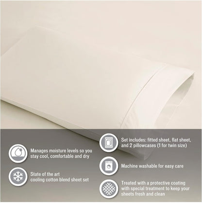 Beautyrest BR 600 TC Cooling Cotton Blend Solid Sheet 16 Inch Deep Pocket Hypoallergenic, All Season, Soft Bedding-Set, Matching Pillow Case, Blanco, 4 Piezas, King
