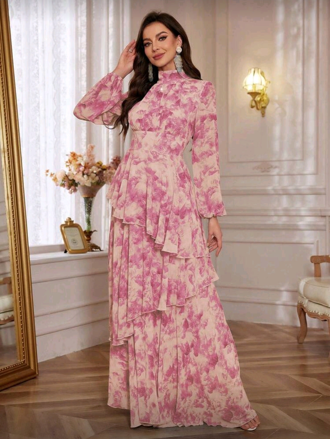 Vestido Maxi Rosado con Estampado Floral Elegante manga larga