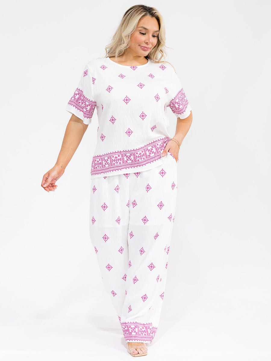 Conjunto Plus blanco y morado de blusa y pantalón con cintura elástica