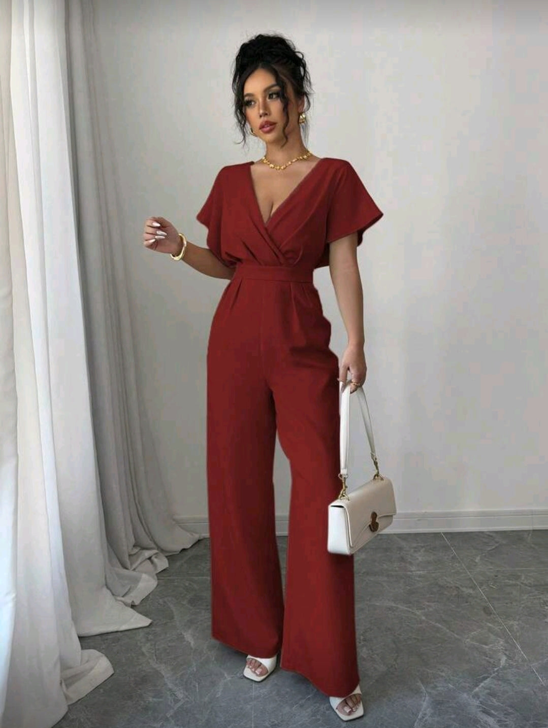 Jumpsuit Rojo con pliegues a la cintura