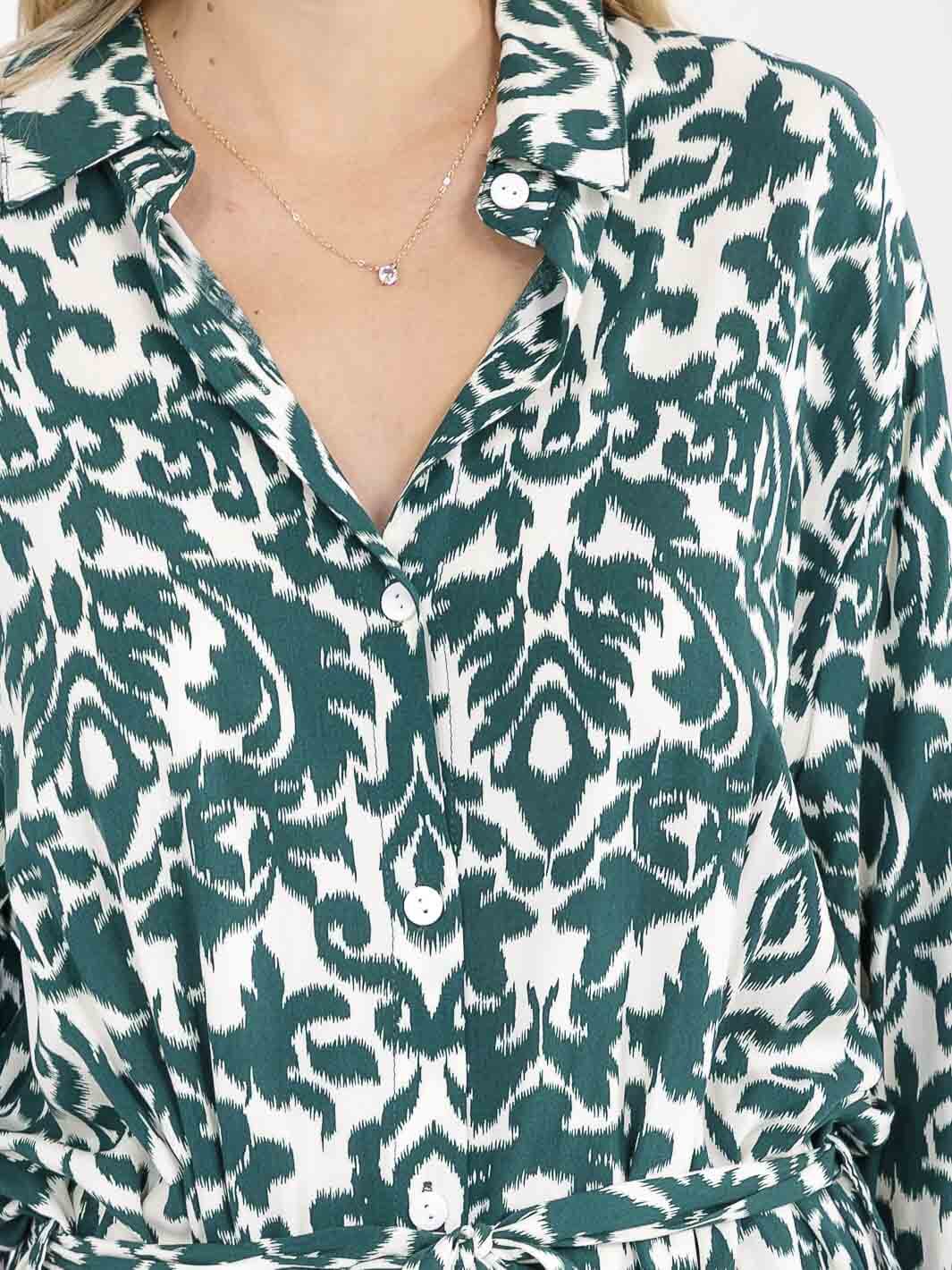 Vestido Verde y Blanco Maxi de Botones y Manga Larga