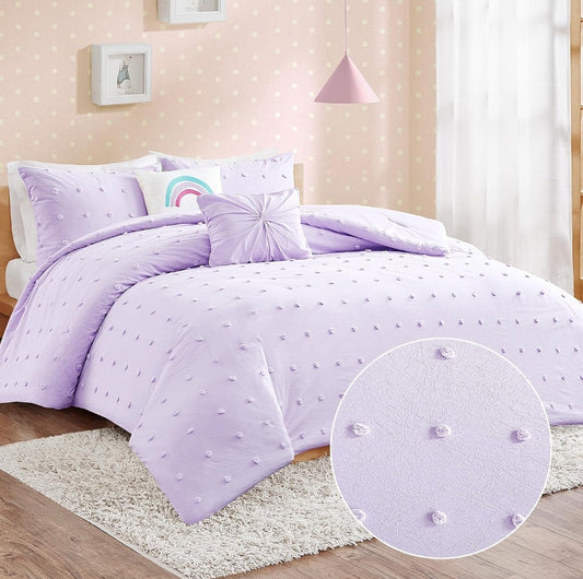 Urban Habitat Kids - Callie Cotton Jacquard Weave Colorful Pom Pom Kids Comforter sets, Down Alternative Shabby Chic, Lila, 4 Piezas, Twin